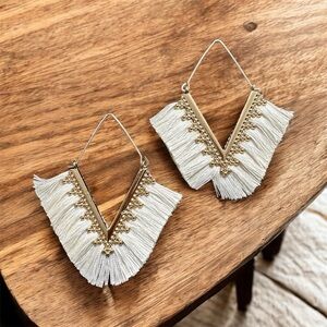 Off-White Chevron Tassel Earrings on Gold Tone Boho Aztec Southwestern Festival
